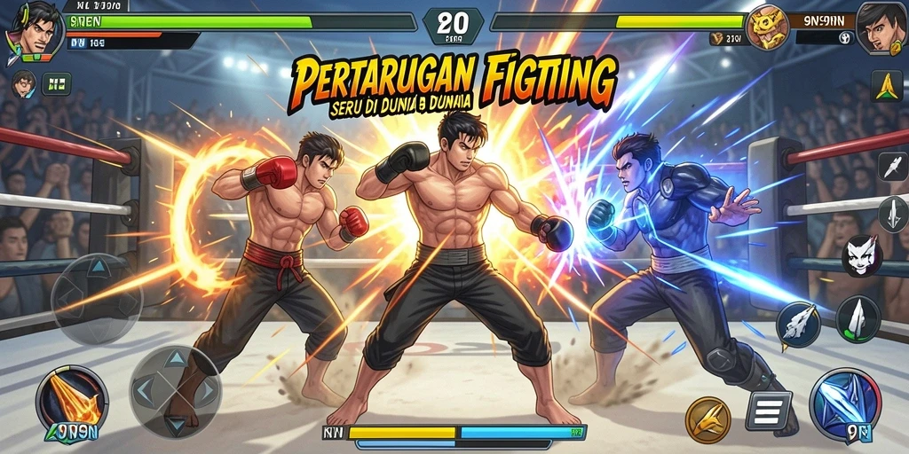 Gameplay Fighting seru di 9N9N dengan berbagai karakter dan arena.