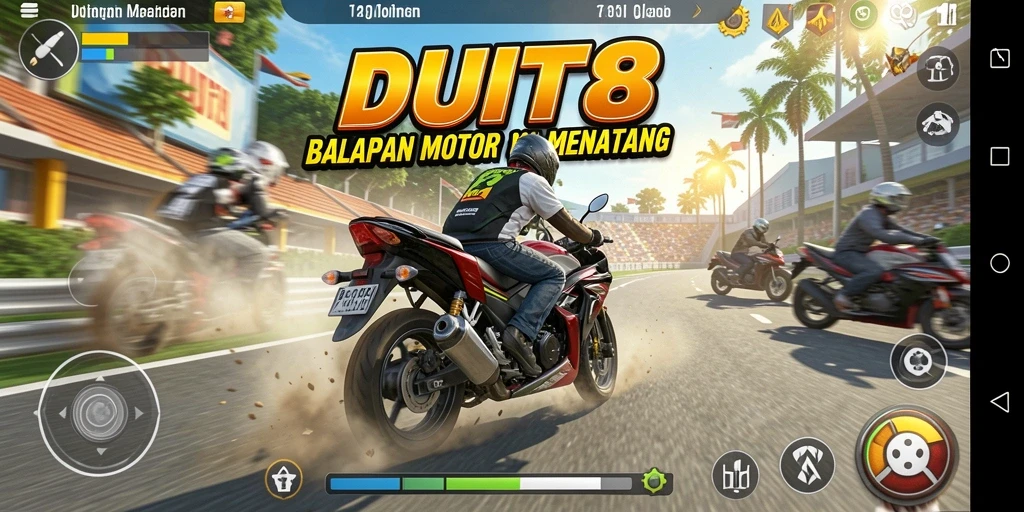 Tampilan gameplay balapan motor yang seru di DUIT8.
