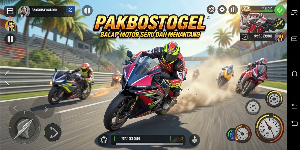 Tampilan gameplay seru dalam PAKBOSTOGEL saat balapan motor.