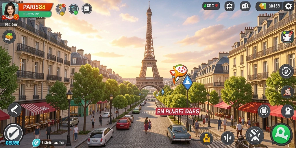 Tampilan gameplay PARIS88 yang menampilkan aktivitas di Paris.
