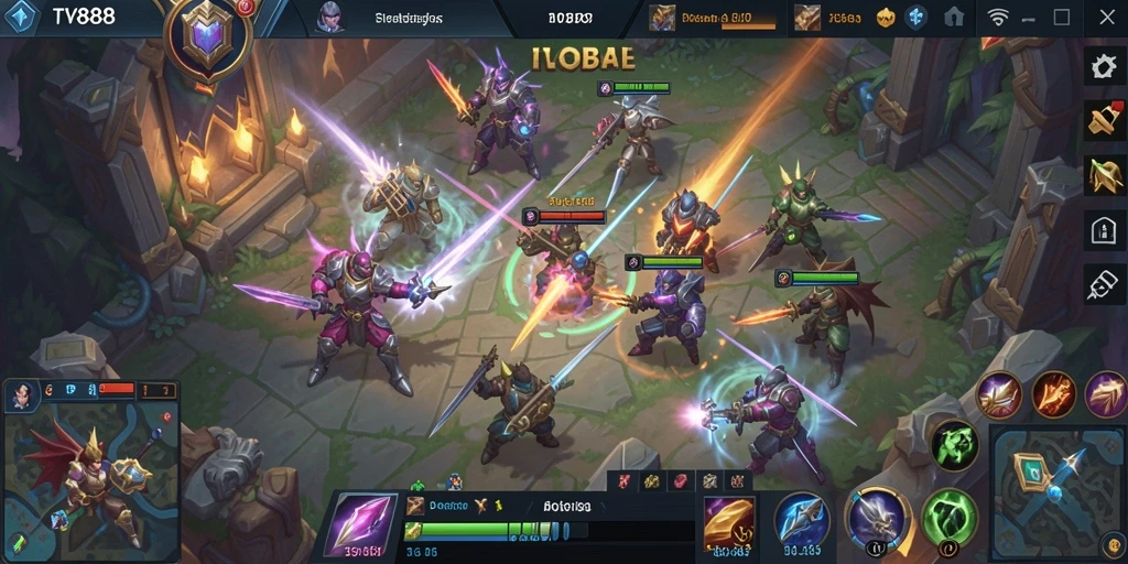 Screenshot gameplay TV888 menunjukkan pertarungan epik antar hero.